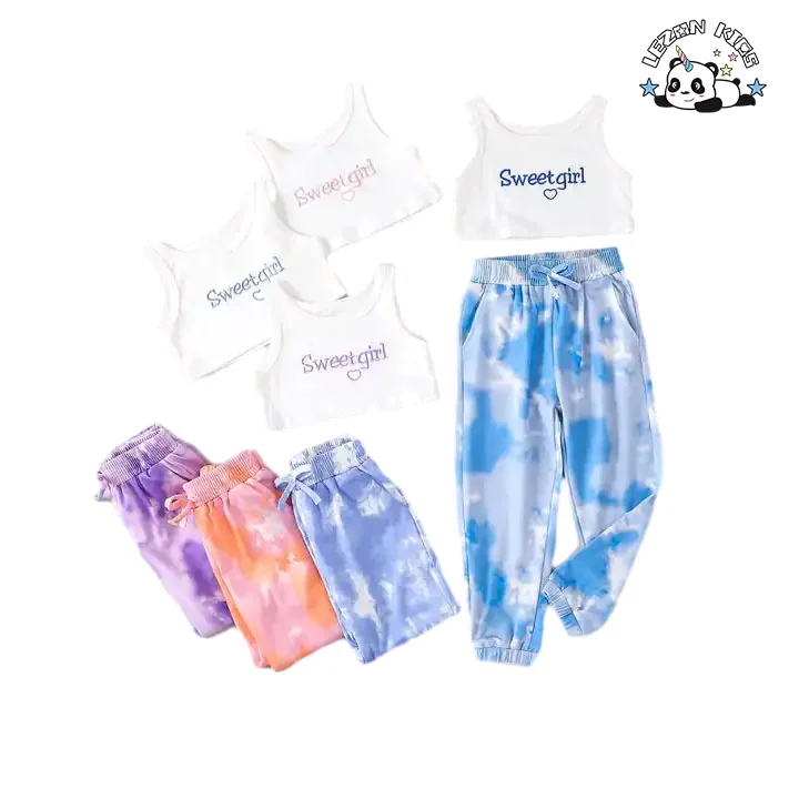 LEZONKIDS - 2024 New Fashion Baby Girls Sleeveless White Singlet Clothing Sets Customized Dyeing Girls Clothing Sets